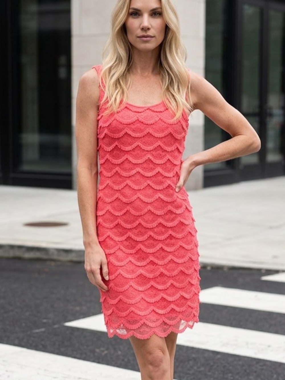 Guess Coral Pink Scalloped Lace Sleeveless Sheath Dress